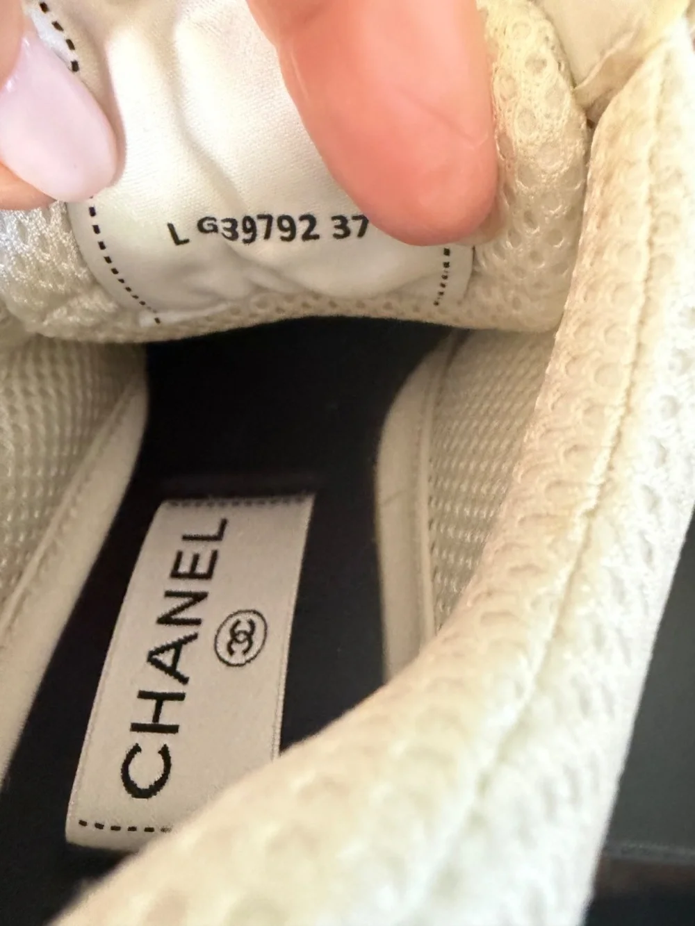 CHANEL Fabric Laminated Calfskin Stretch CC Sneakers size 37 in White,Gold,Silv